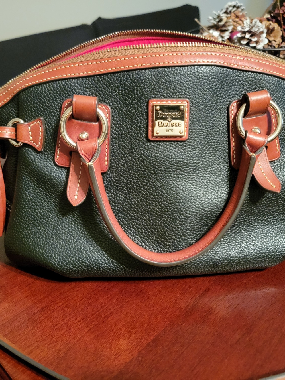 Dooney & Bourke Green Pebble Leather Satchel with Tan Trim